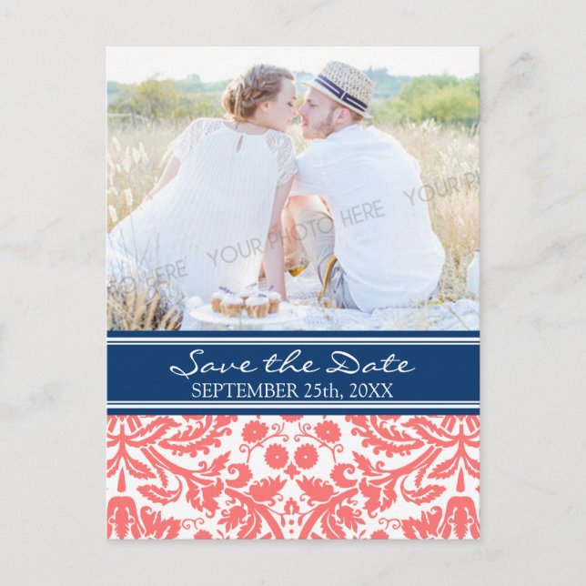 Coral Blue Photo Save the Date Boda Postales (Anverso)