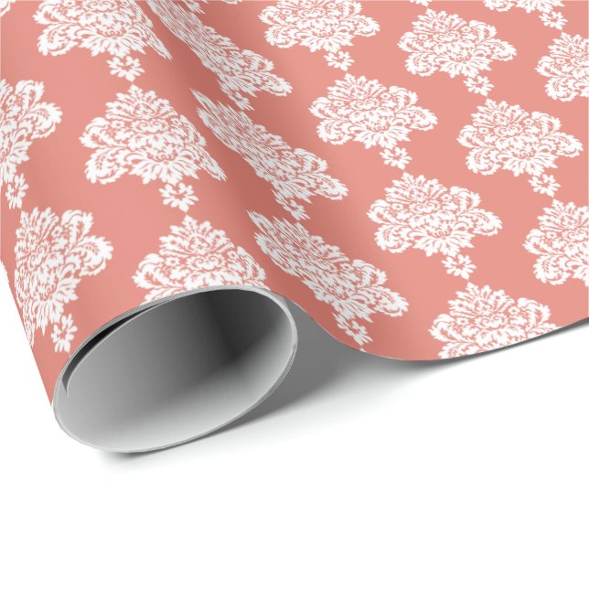 Coral cálido | Papel de ajuste de Damasco blanco (Esquina del rollo)