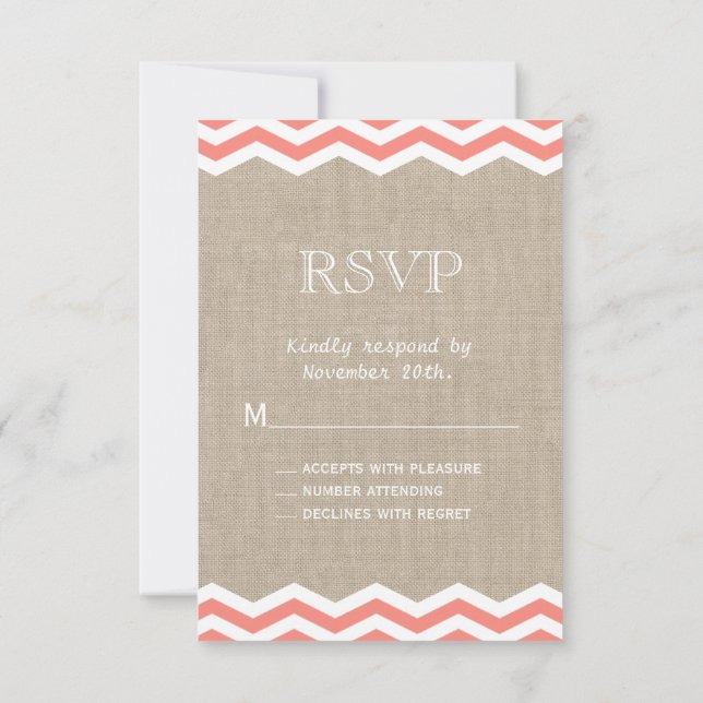 Coral Chevrons en Burlap RSVP (Reverso)