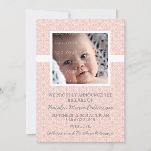 Coral Damask Frame Photo Baby Invitación (Anverso)