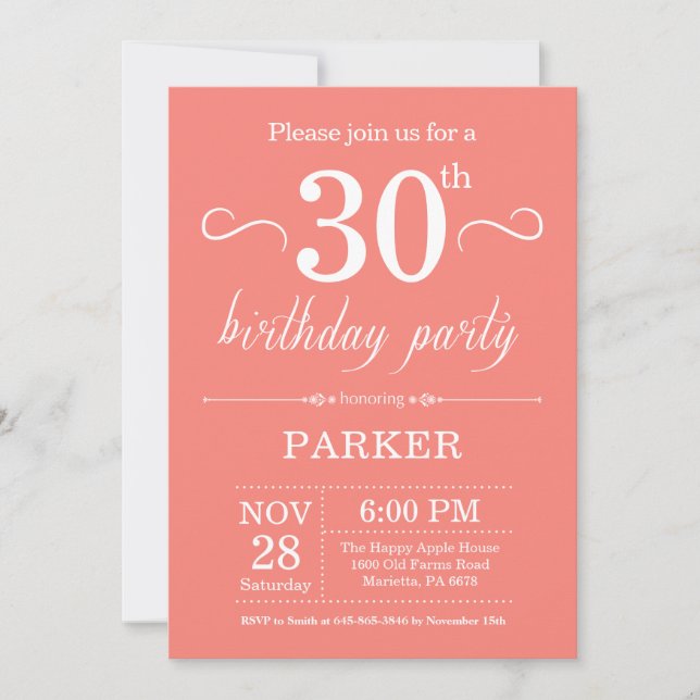 Coral de invitaciones de cumpleaños número 30 (Anverso)