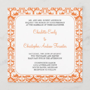 Coral de la invitación de la boda del damasco