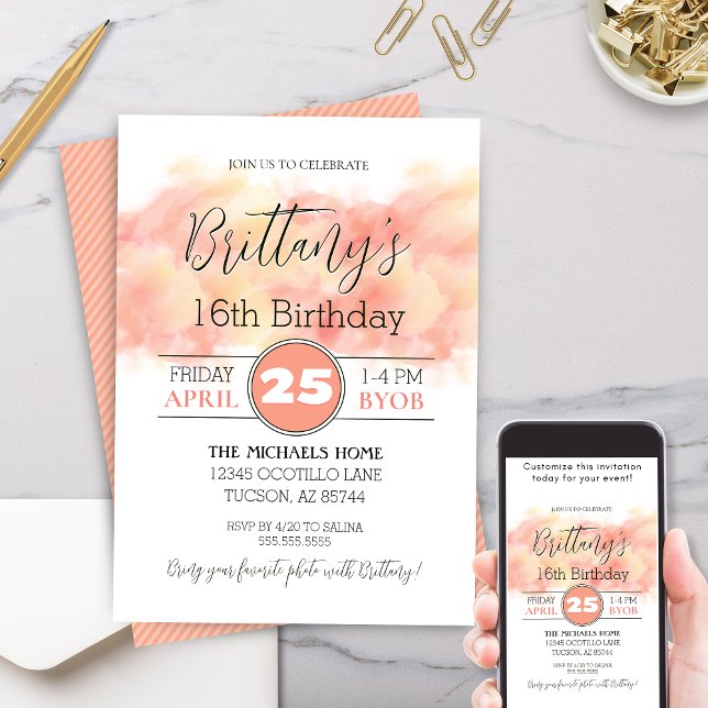Coral de Peach Moderno 16 Invitación de cumpleaños (Modern Elegant Peach Coral Birthday Party Invitation for sweet sixteen birthday party invites.)