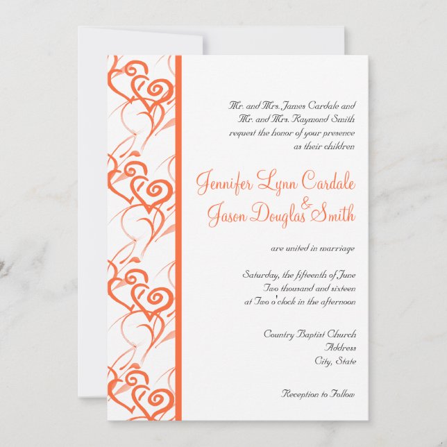 Coral Double Hearts Swirls Invitaciones de Boda (Anverso)