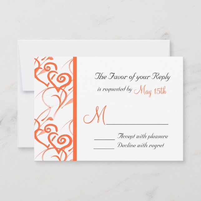 Coral Double Hearts Swirls Vines Wedding RSVP (Anverso)