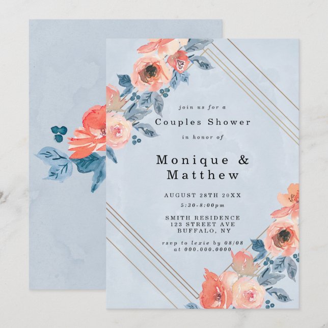 Coral Dusty Blue Geometric Couples Duchas Invita a (Anverso / Reverso)