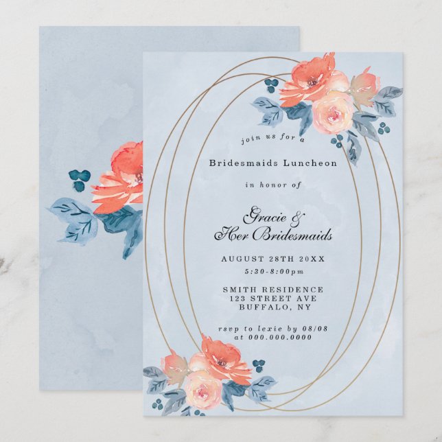 Coral Dusty Blue Gold Bridesmaids Luncheon Invita (Anverso / Reverso)