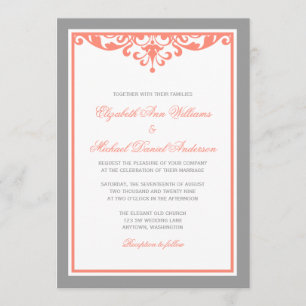 Coral e invitaciones grises de la boda del