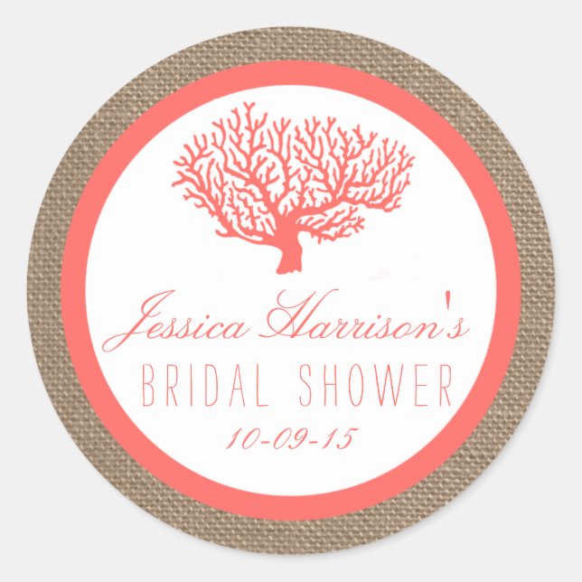 Coral En Burlap Beach Bridal Shower Pegatinas (Anverso)