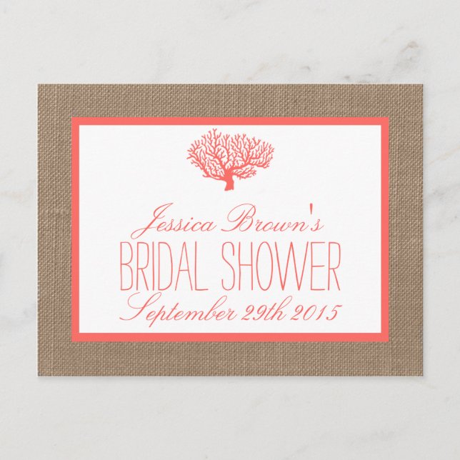 Coral En Burlap Beach Bridal Shower Tarjetas De Re (Anverso)