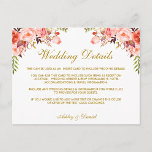 Coral Floral Boda Detalles Tarjeta de inserción do