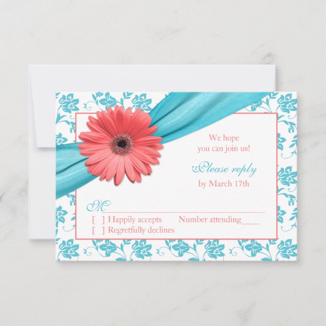 Coral Gerber Daisy Aqua Damask Floral Wedding RSVP (Anverso)
