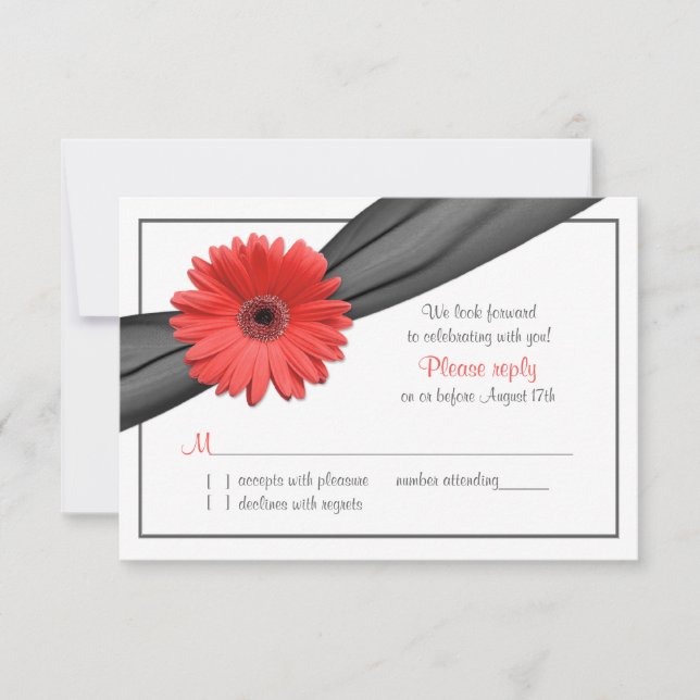 Coral Gerber Daisy Grey Ribbon Boda RSVP (Anverso)