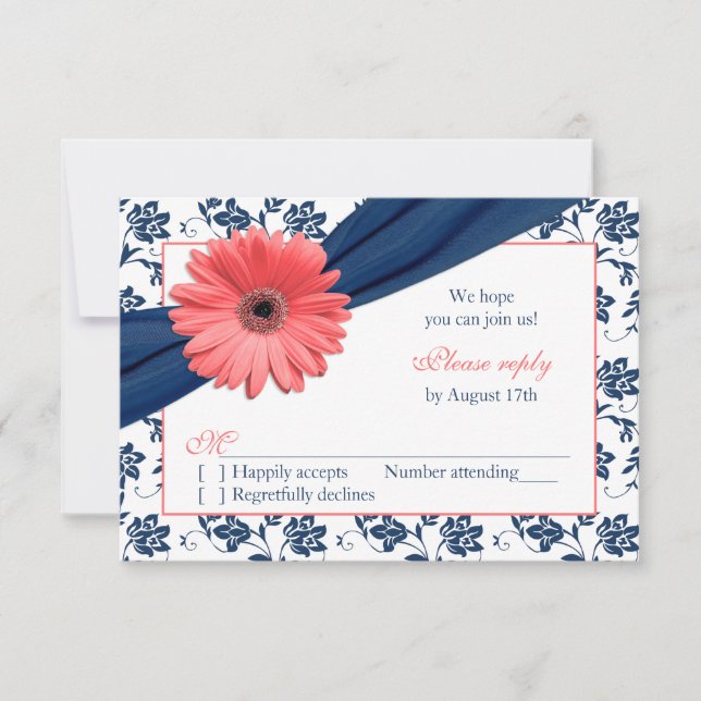 Coral Gerber Daisy Navy Damasco Floral RSVP de Bod (Anverso)