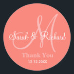 Coral Gracias Boda Pegatina Monograma<br><div class="desc">Pegatinas iniciales con nombre de novia y novio, fecha de boda y un mensaje de agradecimiento para expresar su gratitud en su día de boda o en cualquier ocasión especial. .Este pegatina de boda monograma está en color coral. Hay más colores disponibles para su elección. También puede personalizar el color...</div>