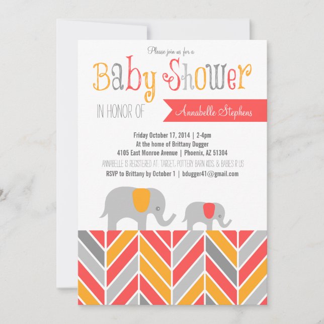 Coral gris de invitación a Baby Shower para elefan (Anverso)