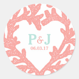 Coral Heart Aqua Beach Wedding Pegatinas