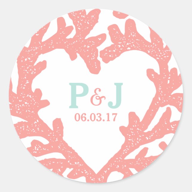Coral Heart Aqua Beach Wedding Pegatinas (Anverso)
