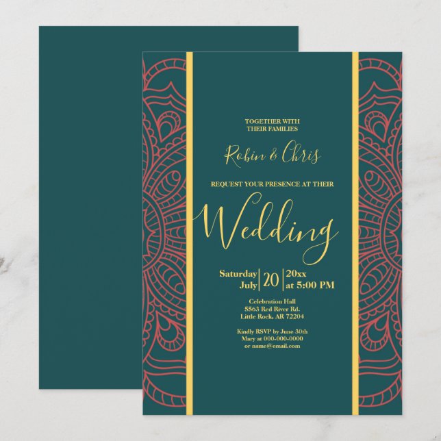 Coral Mandala y oscuro matrimonio elegante Verde a (Anverso / Reverso)