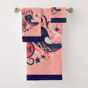 Coral Navy Blue Monogramed Arte Popular Decoración