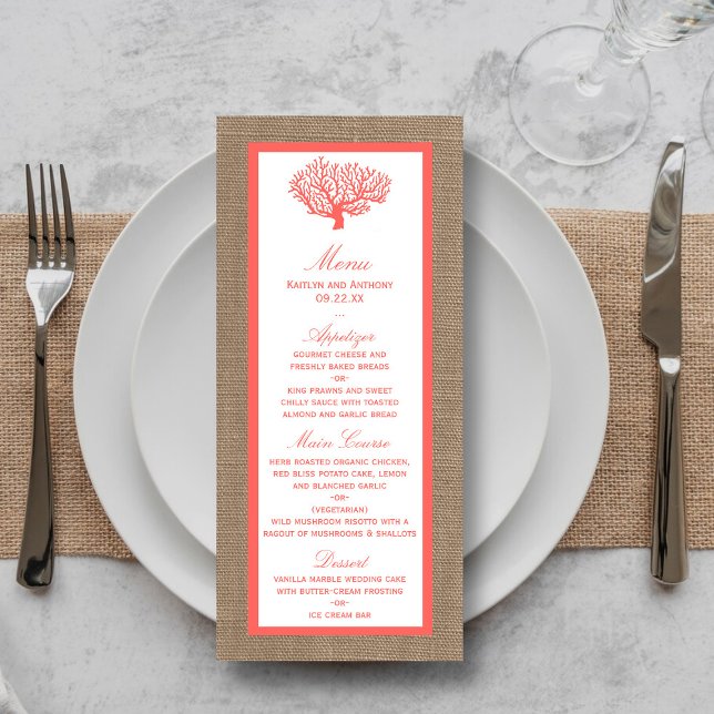 Coral On Burlap Boho Beach Wedding Menu (Subido por el creador)