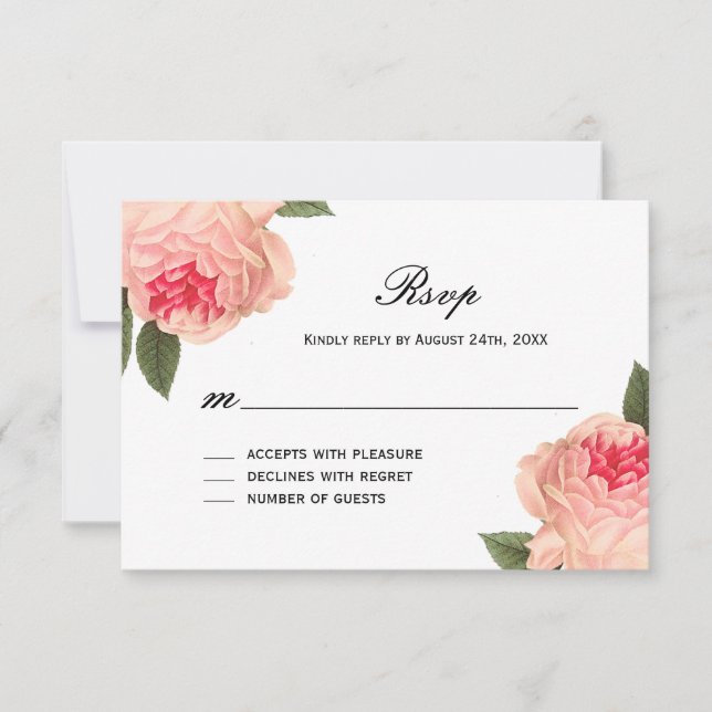 Coral Peonie romántico con tiras tarjetas RSVP (Anverso)