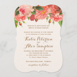 Coral Peonie sobre la invitación a la boda de Purp
