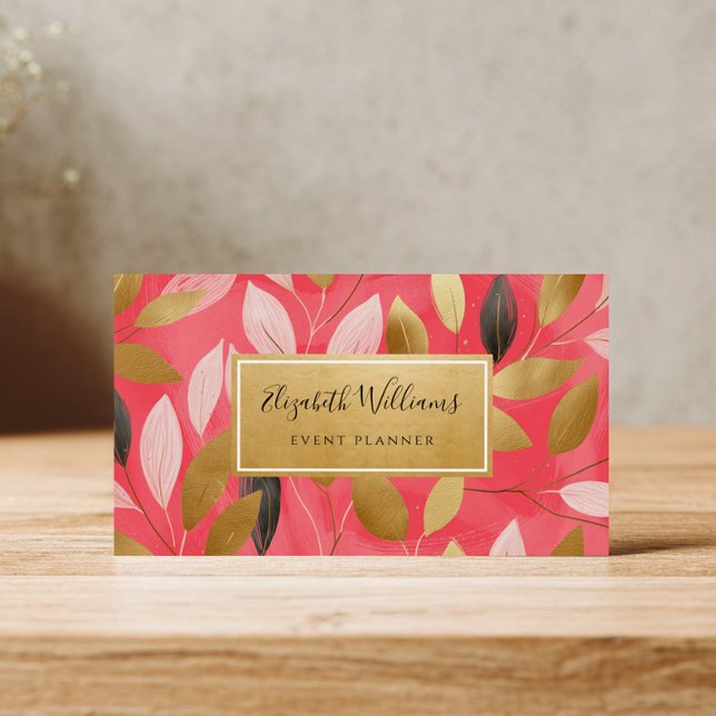 Coral Pink Gold Leaves Botanical Business Cards (Subido por el creador)