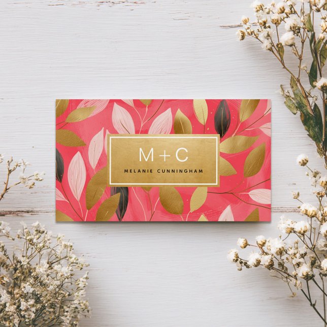 Coral Pink Gold Leaves Monogram Business Cards (Subido por el creador)