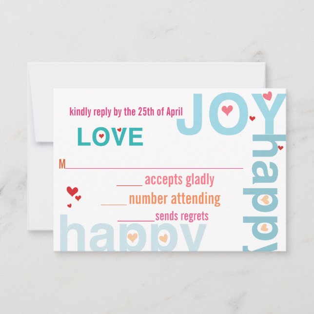 Coral Pink Red Aqua Typografía moderna Boda RSVP (Anverso)