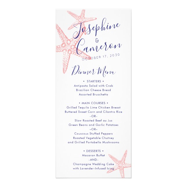 Coral Pink Starfish Menú de playa moderna (Frente)