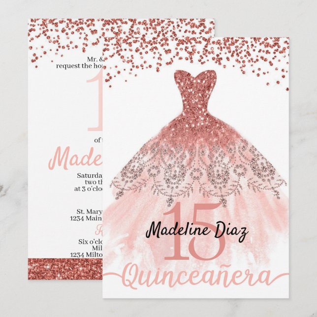 Coral Quinceanera Invitación de cumpleaños Cumplea (Anverso / Reverso)