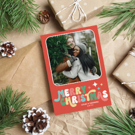 Coral Red Retro Groovy Feliz Navidad