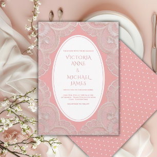 Coral Rosa Encaje Caprichoso Invitación de Boda Vi