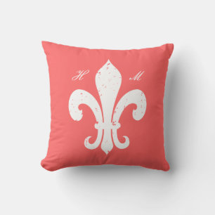 Coral rosa Fleur de lis monogram tirando almohada