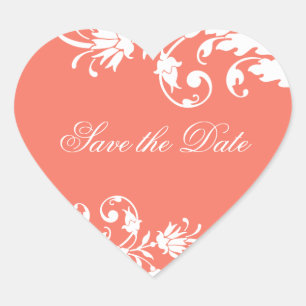 Coral Save the Date Heart Shaped Pegatinas