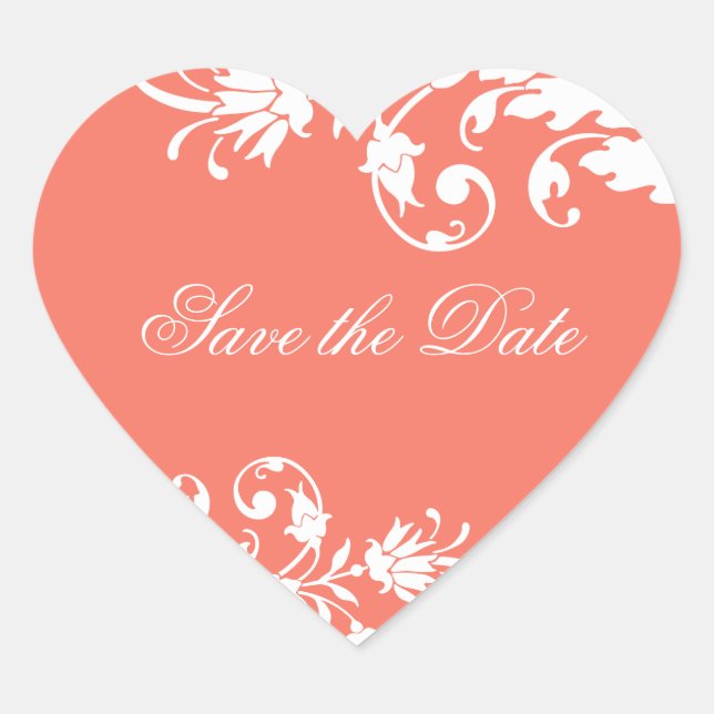 Coral Save the Date Heart Shaped Pegatinas (Anverso)