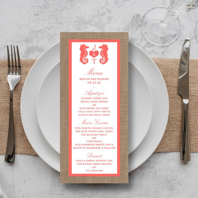 Coral Seahorse Burlap Beach Wedding Menu (Subido por el creador)