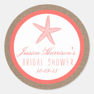 Coral Starfish Burlap Beach Bridal Shower Pegatina