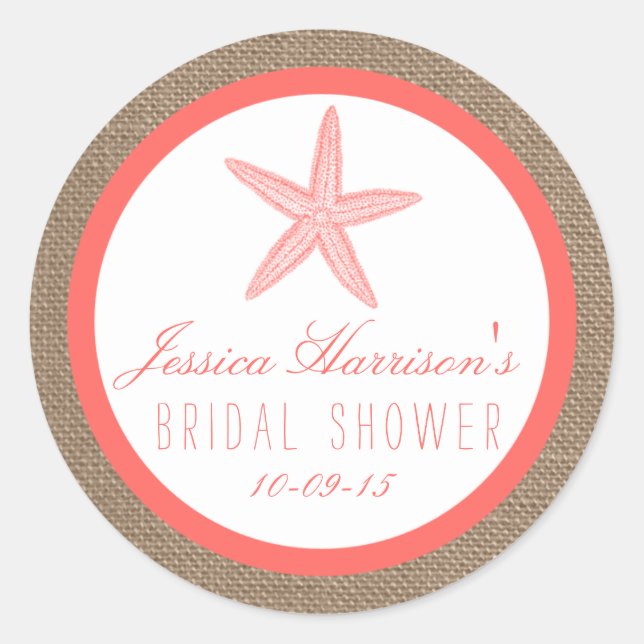 Coral Starfish Burlap Beach Bridal Shower Pegatina (Anverso)