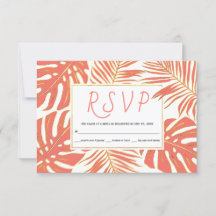 Coral vivo tropical y hojas de oro boda RSVP