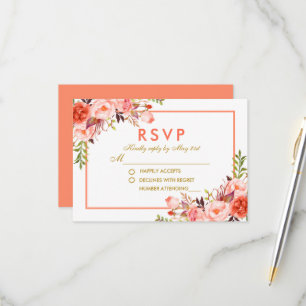 Coral Watercolor Floral Gold RSVP Boda