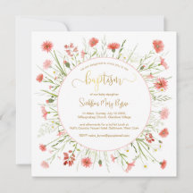 Coral Wildflower Baptism Invitación Fuente de oro