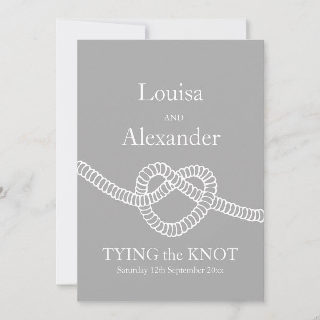 Corazón ata el nudo boda invitación blanca gris (Anverso)