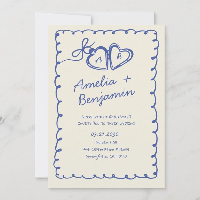 Corazón azul dibujado a mano Invitaciones de boda  (Anverso)