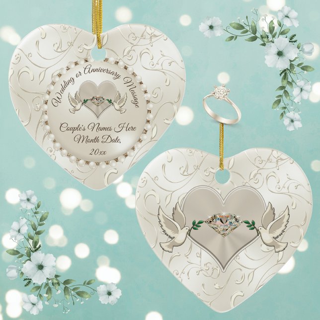 Corazón, Bodas Ornamentos de Navidad Personalizado (Personalized Wedding Gifts for Friends. Heart Shaped, Wedding Ornaments, Wedding Anniversary Present)