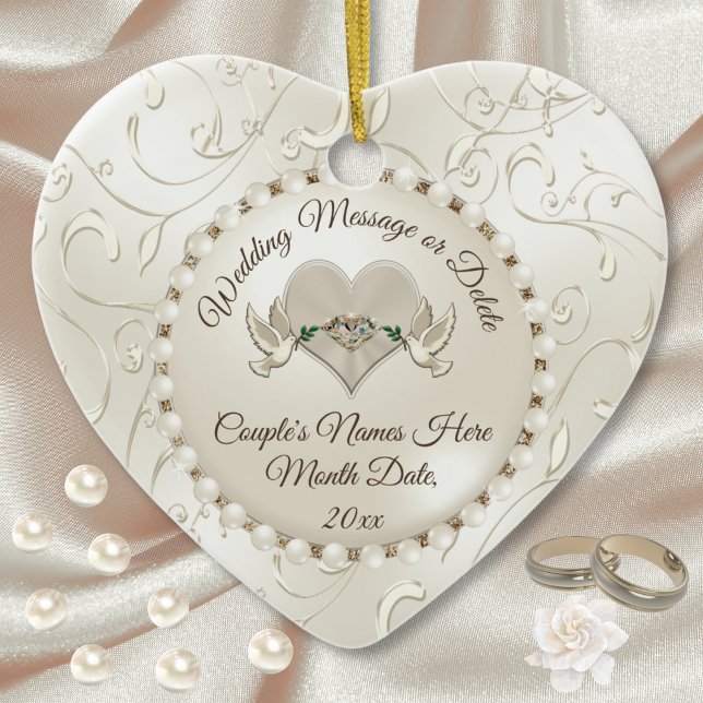 Corazón, Bodas Ornamentos de Navidad Personalizado (Personalised Wedding Bauble. Love Birds, Heart, Wedding Christmas Ornaments. Just married ornament.)