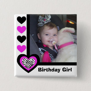 Corazón cebra: Chica de cumpleaños: Botón Imagen