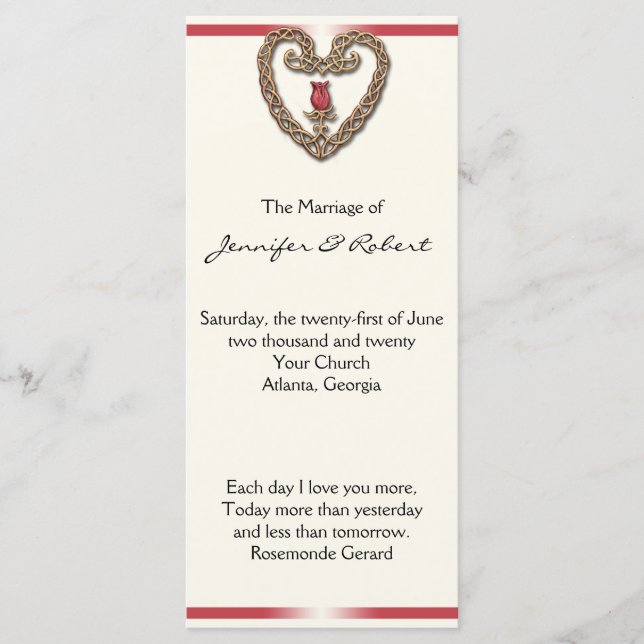 Corazón celta con programa de boda rosa roja (Anverso)