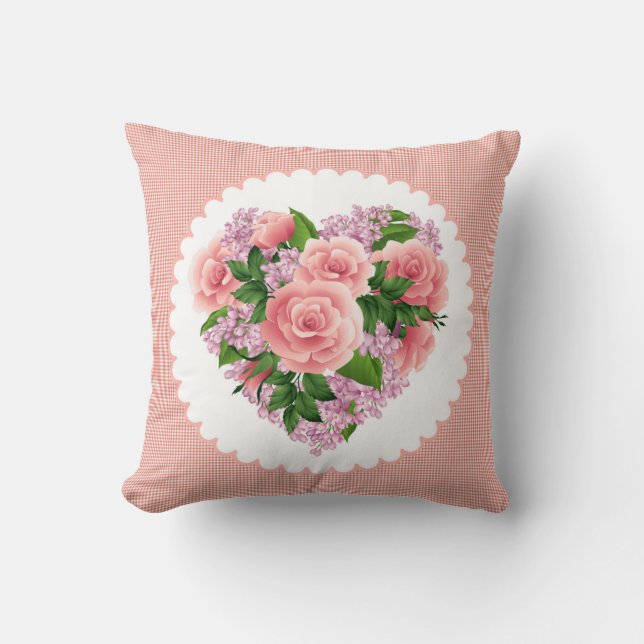 Corazón de almohada de rosas rosadas y flor de lil (Anverso)